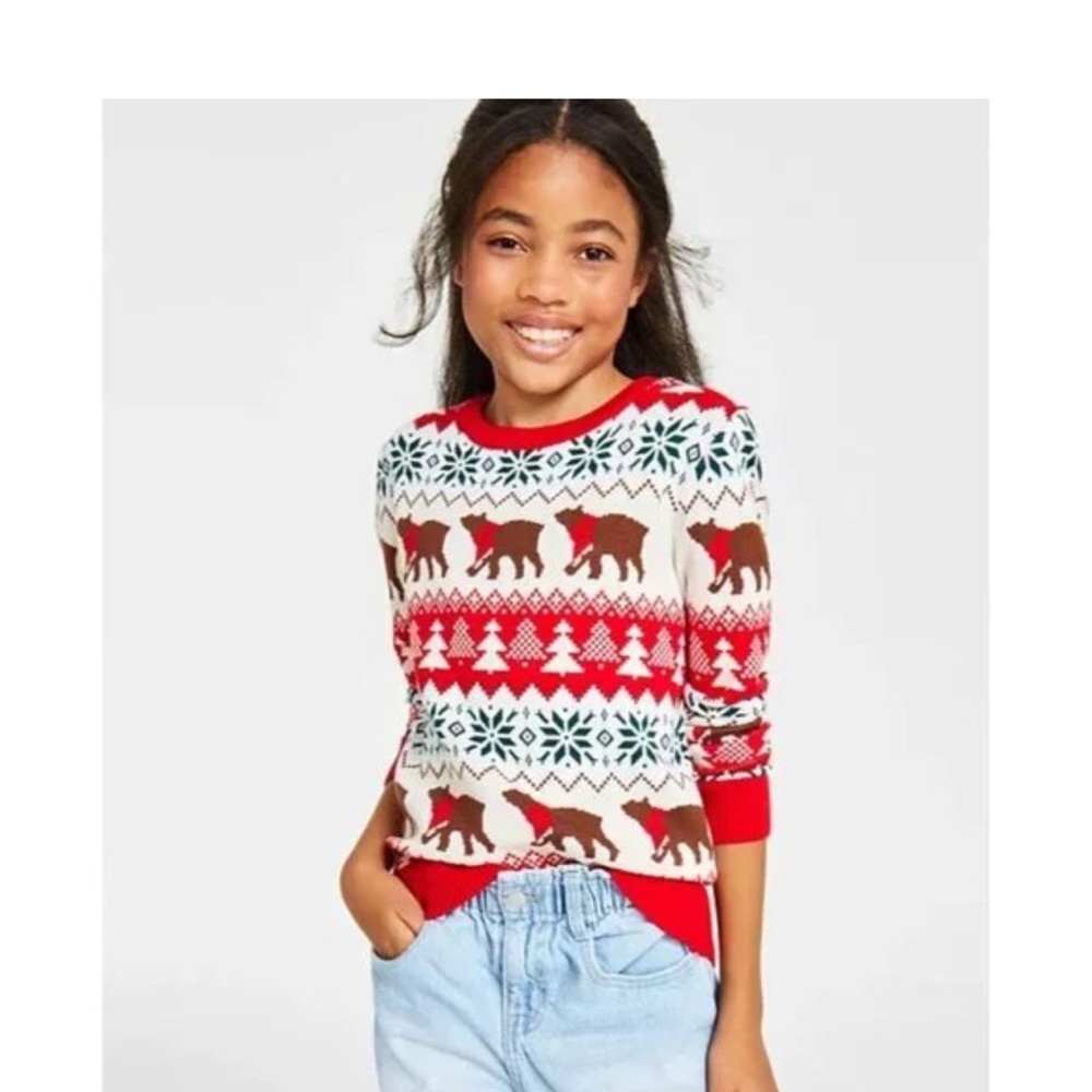 NWT Macys’ Holiday Lane Girls Holiday Christmas Sweater Bear Fair Isle Gift Warm